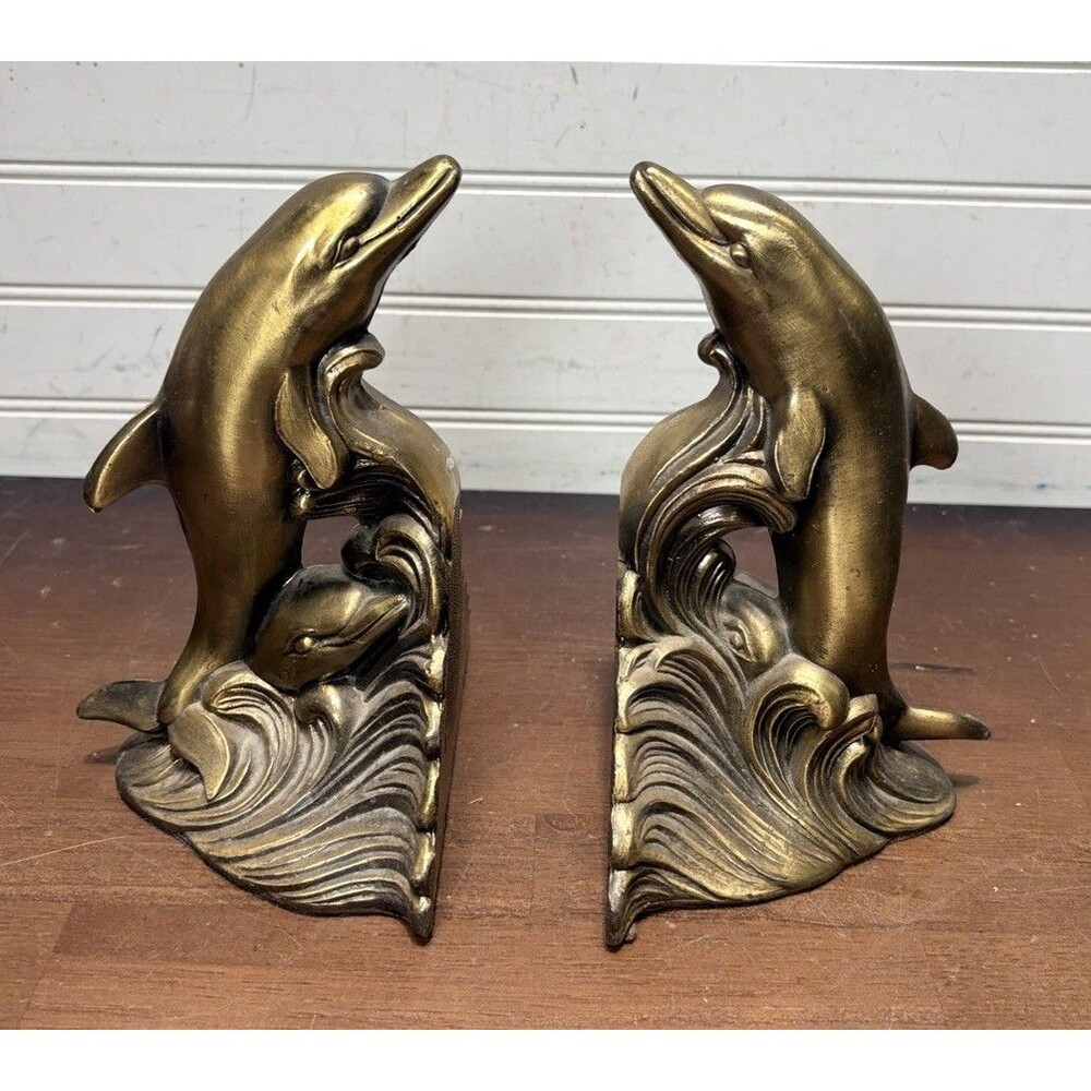 Vintage S.C.C. Brass Metal Dolphin Fish Ocean Waves Book Ends  Nautical 1975
